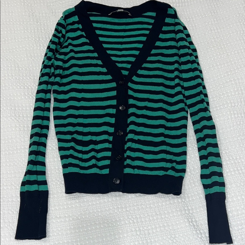 LOFT Green and Black Striped Cardigan